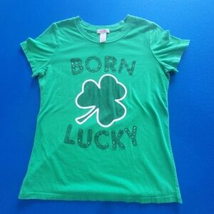 Fashion Bug Green Short Sleeve Tee with Shamrock "Born Lucky" / Size Small